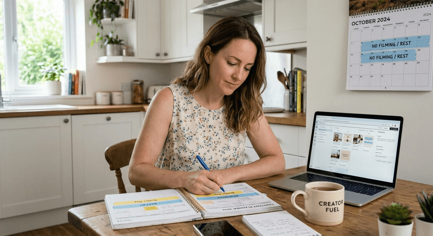 Woman planning content calendar with deliberate buffer days and rest periods showing practical creator burnout prevention system in action