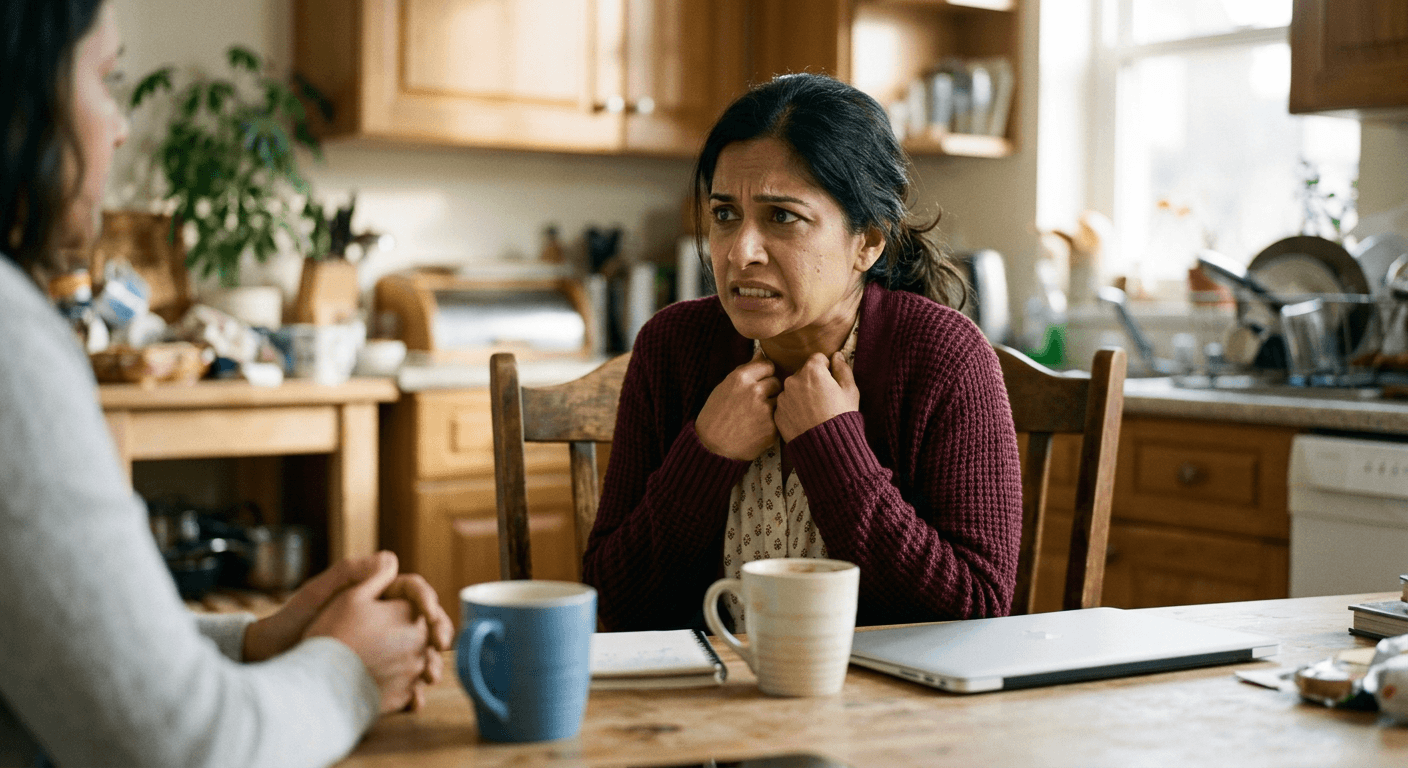 South Asian woman at kitchen table with hands raised protectively showing automatic nervous system response underlying need to stop defensive behavior