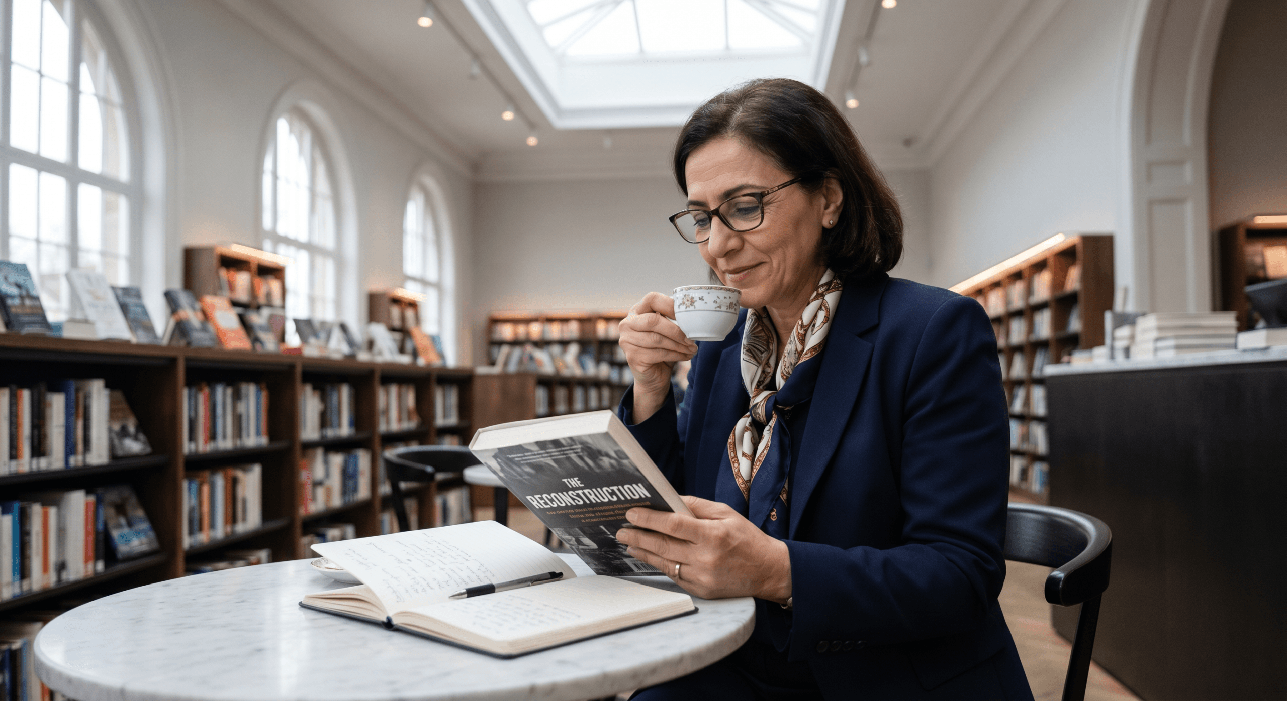 Middle Eastern woman reading in library cafe with hard-won peaceful expression showing coherent identity achieved through rebuilding your sense of self