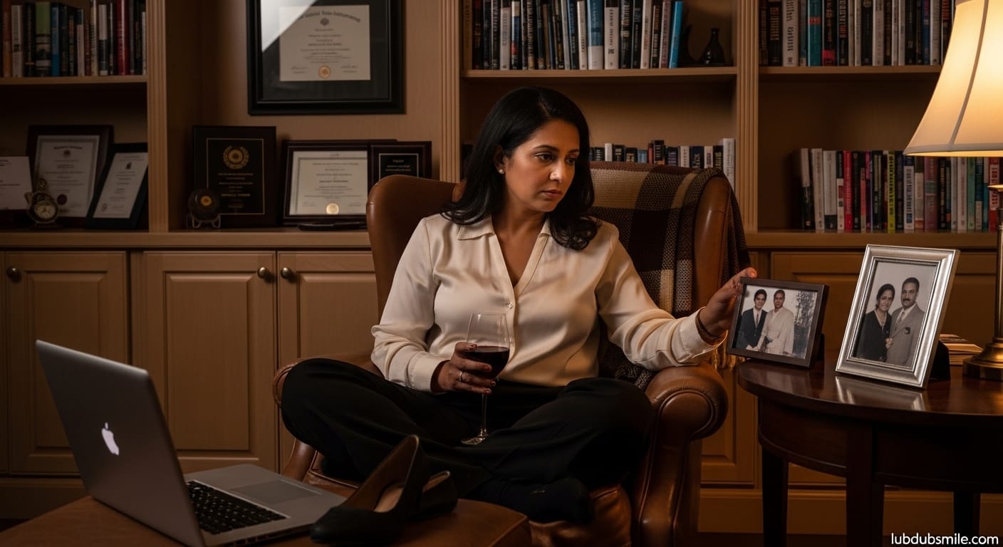South Asian woman in home library studying family photograph showing dawning recognition of achievement as survival strategy in high achievers emotional vulnerability