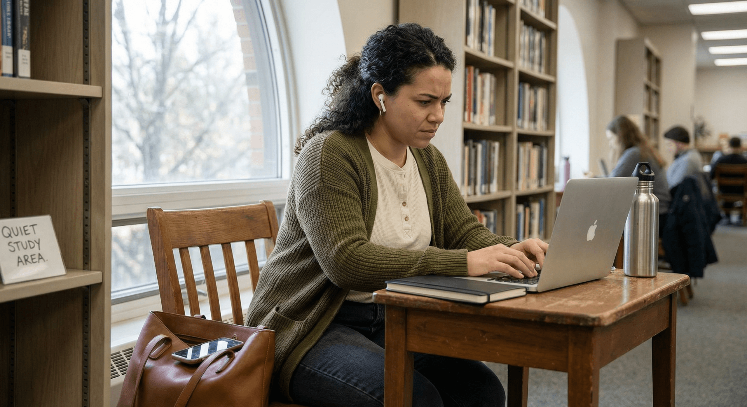 Latina woman in library quiet area absorbed in focused laptop work demonstrating deep work principles for cognitive performance optimization for tech professionals