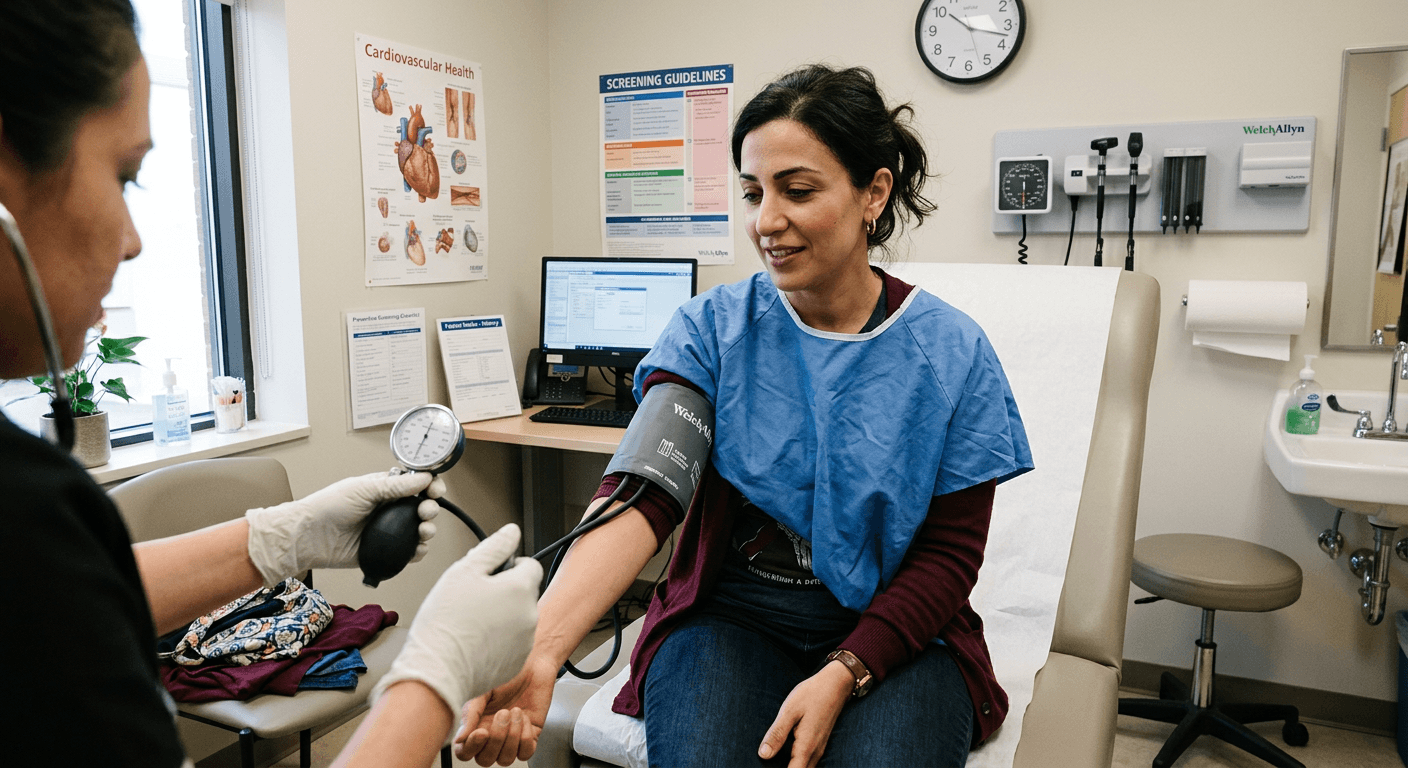 Middle Eastern woman in exam room during preventive health visit showing screenings essential for healthy aging in your 30s baseline data