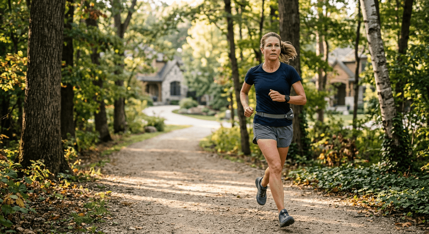 Fit woman running morning trail showing practical expression of NAD+ and cellular energy in sustained physical performance