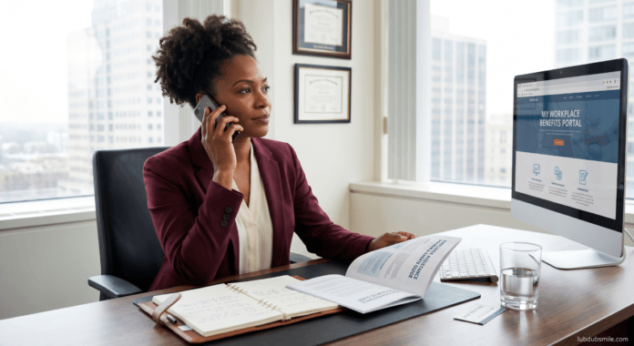 Black professional woman at office desk calling EAP provider with benefits guide open showing proactive use of employee mental health benefits