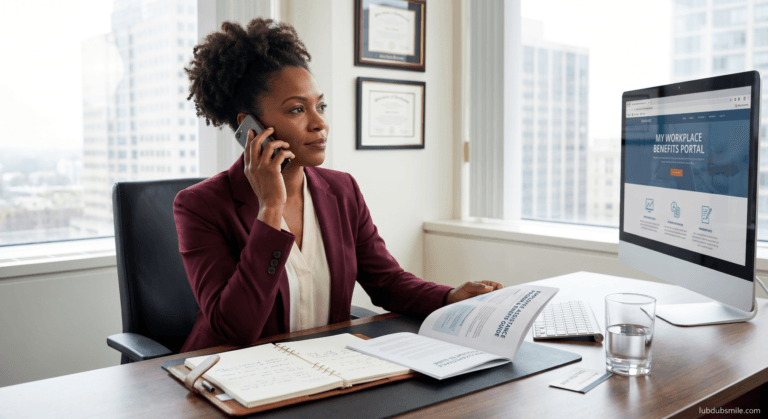 Black professional woman at office desk calling EAP provider with benefits guide open showing proactive use of employee mental health benefits