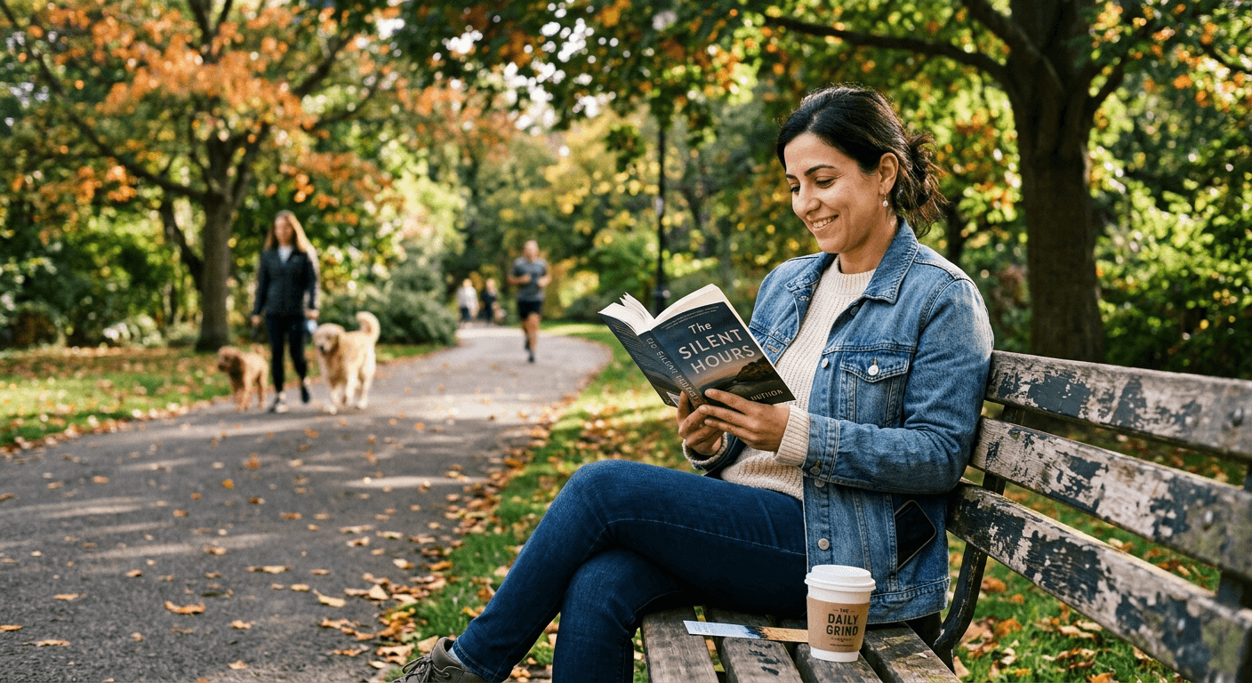 Middle Eastern woman reading novel on park bench during planned weekday rest day demonstrating proactive creator burnout prevention through scheduled leisure