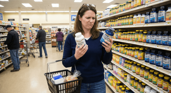 Woman in pharmacy aisle holding two omega-3 bottles with confused expression illustrating difficulty choosing quality omega-3 supplements
