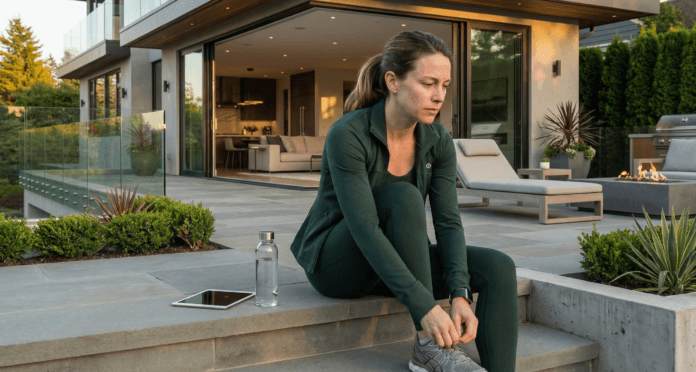 Woman in her late thirties lacing running shoes on porch steps showing consistent habits essential for healthy aging in your 30s
