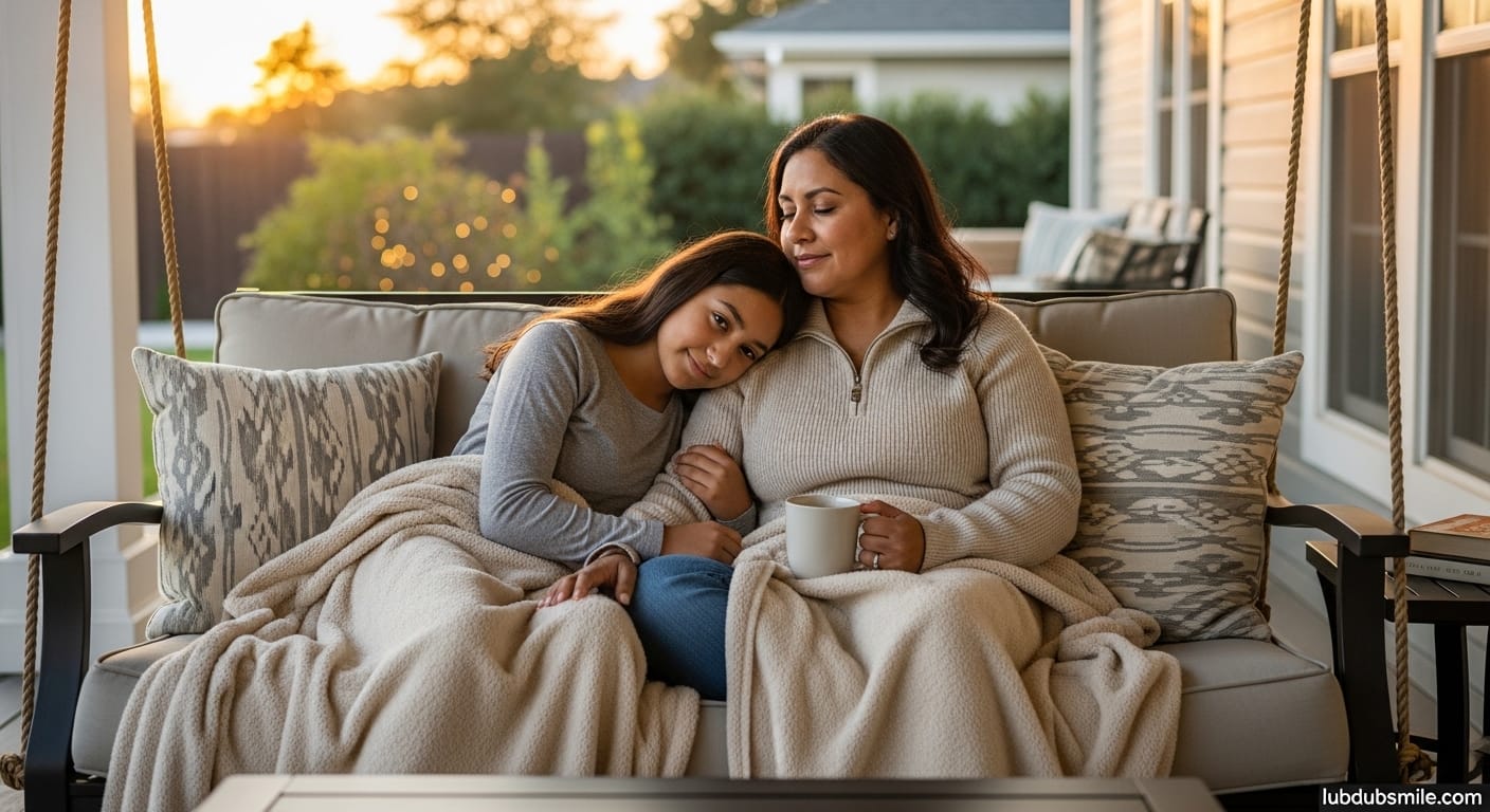 Latina woman on porch swing with daughter in golden hour showing genuine presence as reward of high achievers emotional vulnerability work