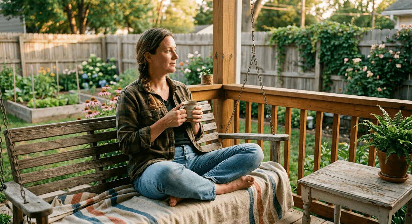 Woman on porch swing with tea showing quiet hard-won peace after setting boundaries with my mother over time