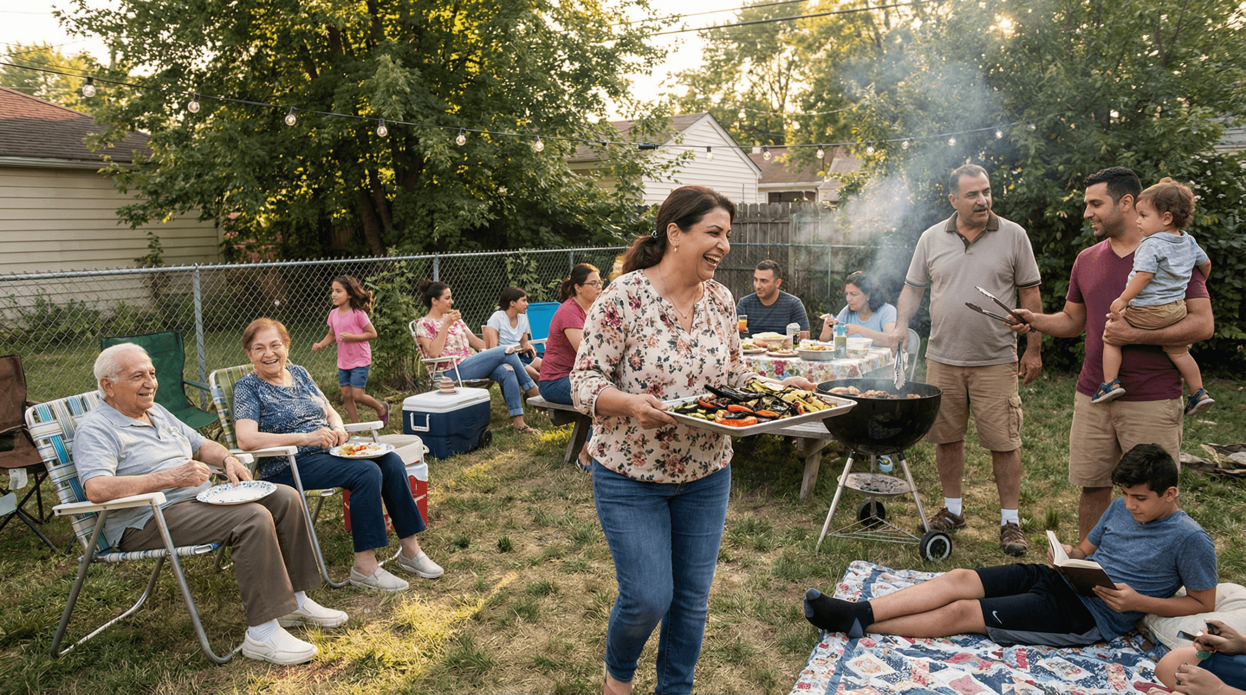 Multi-generational family gathering in backyard with shared meal showing social connection central to healthy aging without obsession
