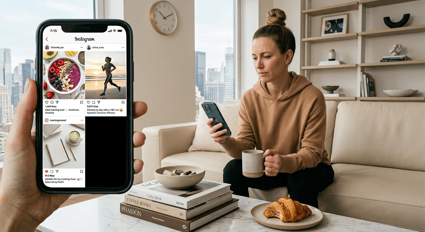 Woman on couch scrolling polished social media posts about morning routines of high performers contrasted with cluttered real living room