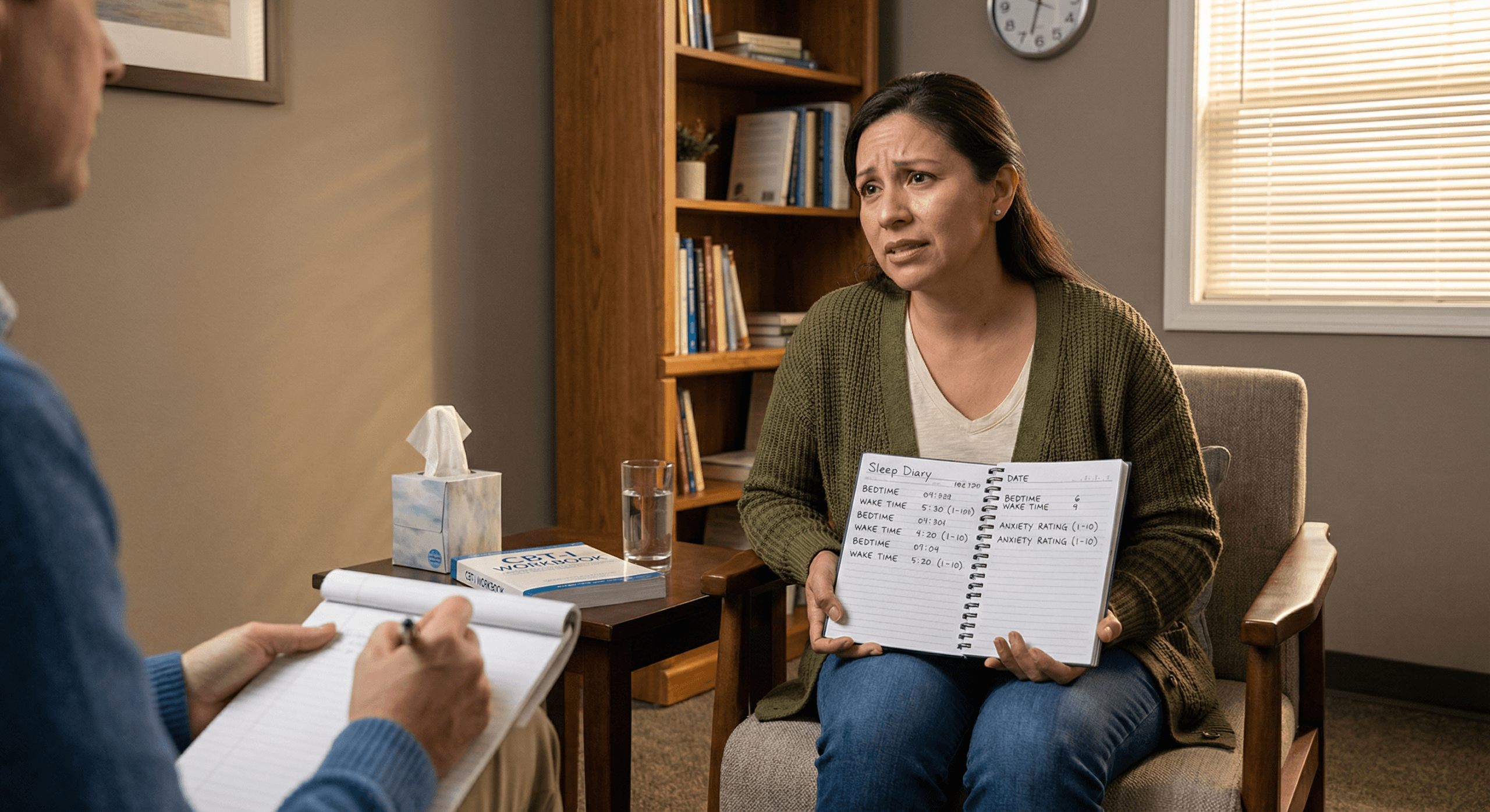 Latina woman in therapy session showing sleep diary to clinician illustrating professional treatment approach to sleep hygiene for anxious adults