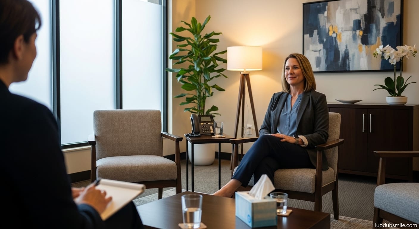 White woman in modern therapy office showing relaxed initial engagement reflecting EAP as accessible employee mental health benefits for situational needs
