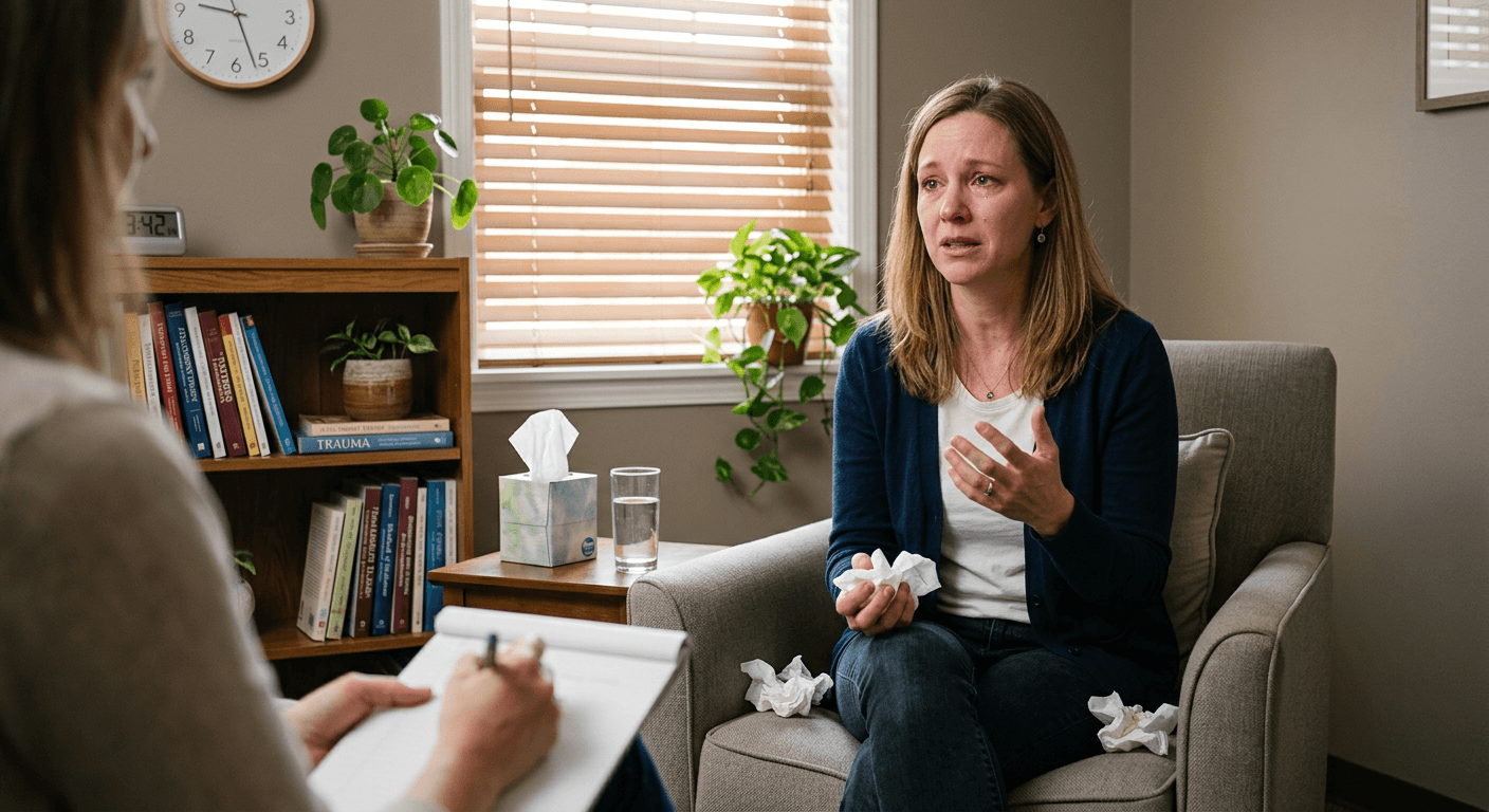 Woman in therapy session with tissues discussing relationship patterns showing professional support for learning to stop defensive behavior