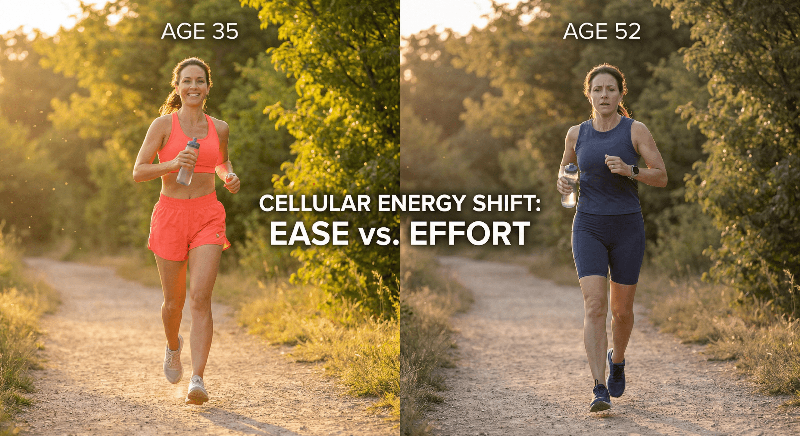 Split image showing woman running same trail at age 35 with ease versus age 52 with effort illustrating cellular health after 40 energy changes