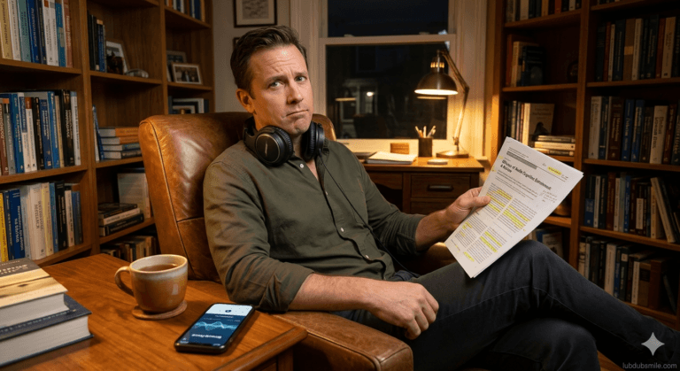 Man in home study with headphones around neck reviewing scientific article showing evidence-based skepticism about binaural beats cognitive function claims
