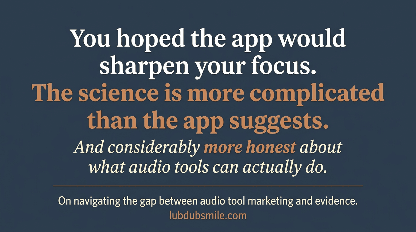 Slate blue pull quote stating the science is more complicated and honest than binaural beats cognitive function app marketing suggests