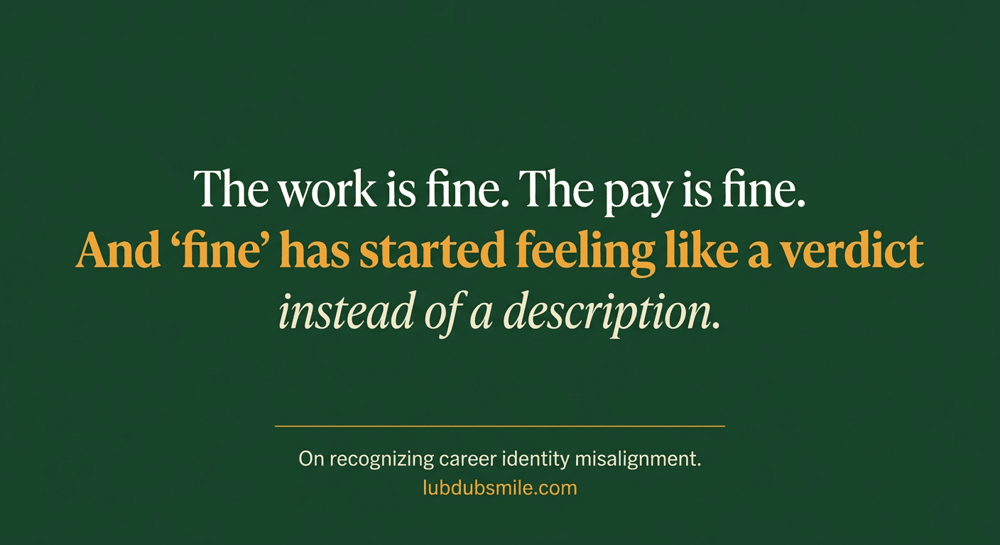 Forest green pull quote reading the work is fine and fine has started feeling like a verdict capturing career identity misalignment emotional recognition