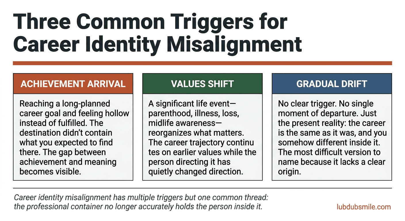 Three-panel infographic showing achievement arrival, values shift, and gradual drift as triggers for career identity misalignment experiences