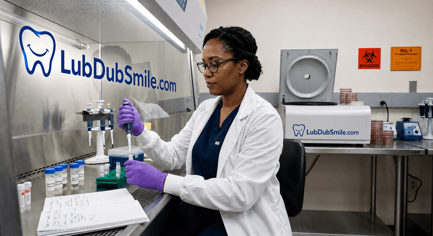 Public health scientist in biosafety cabinet analyzing specimens during hantavirus outbreak laboratory investigation