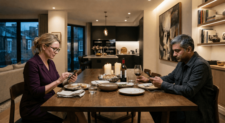 Couple at opposite ends of elegant dining table on phones showing emotional intimacy marriage erosion through functional but disconnected partnership