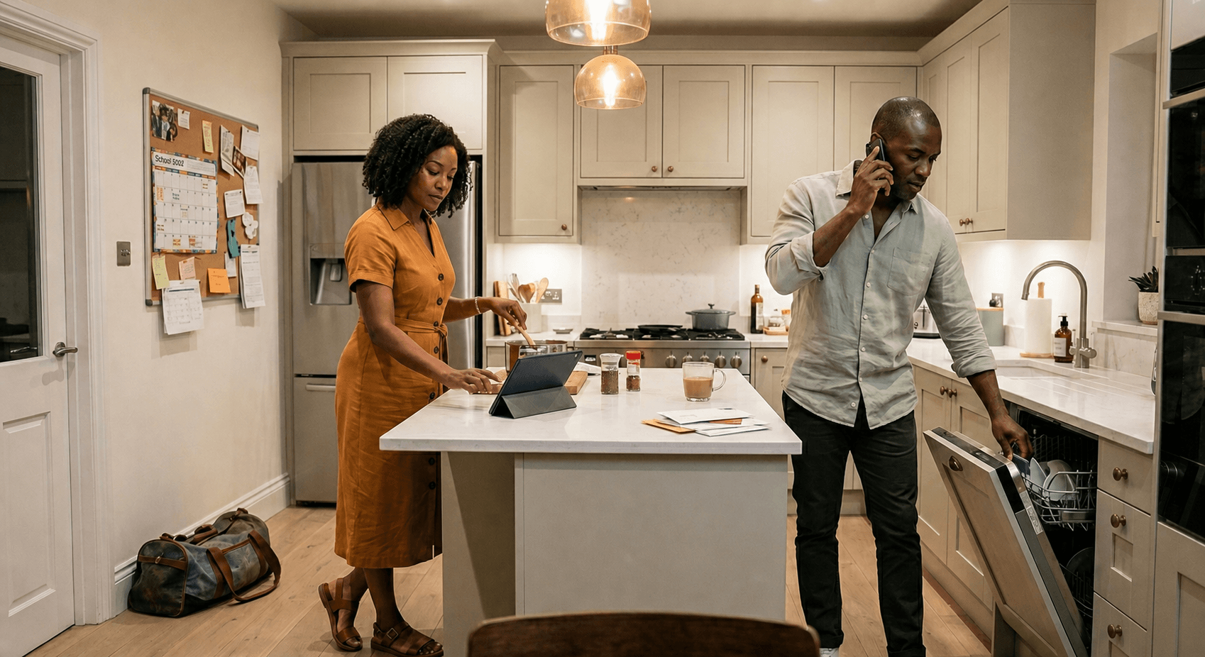 Black couple in kitchen simultaneously managing tasks with earbuds and tablet showing emotional intimacy marriage shift from partners to co-managers