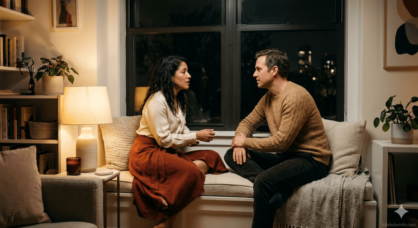 Latina woman and white man on window seat in genuine non-logistical conversation showing restored emotional intimacy marriage through protected presence