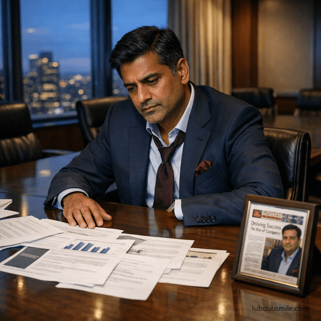 South Asian executive alone in boardroom examining press coverage and financial reports showing wealth and identity self-made narrative examination