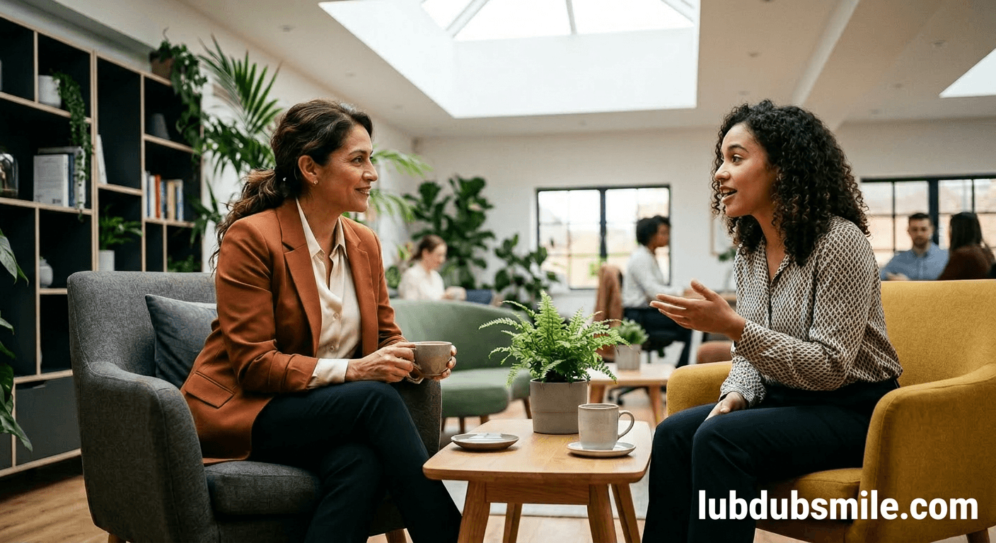 Latina manager listening attentively to team member showing relational leadership as emotional intelligence earning potential at mid-career transition
