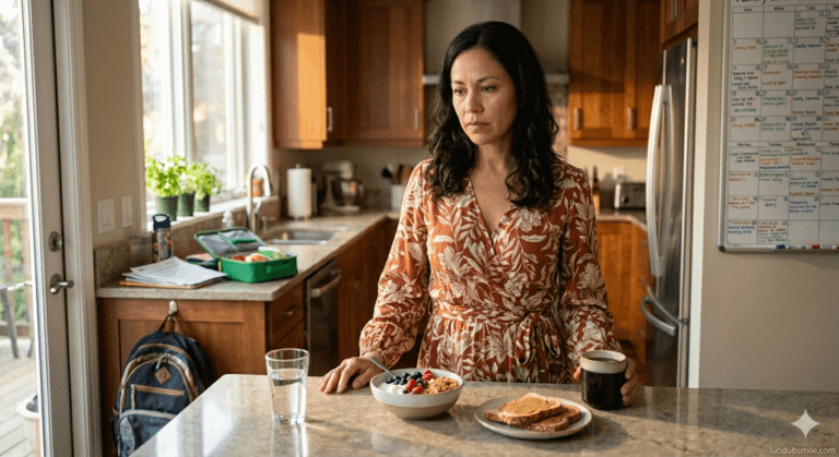 Latina woman standing at kitchen counter with her own breakfast made after packing children's lunches showing eating as self-care quiet significance