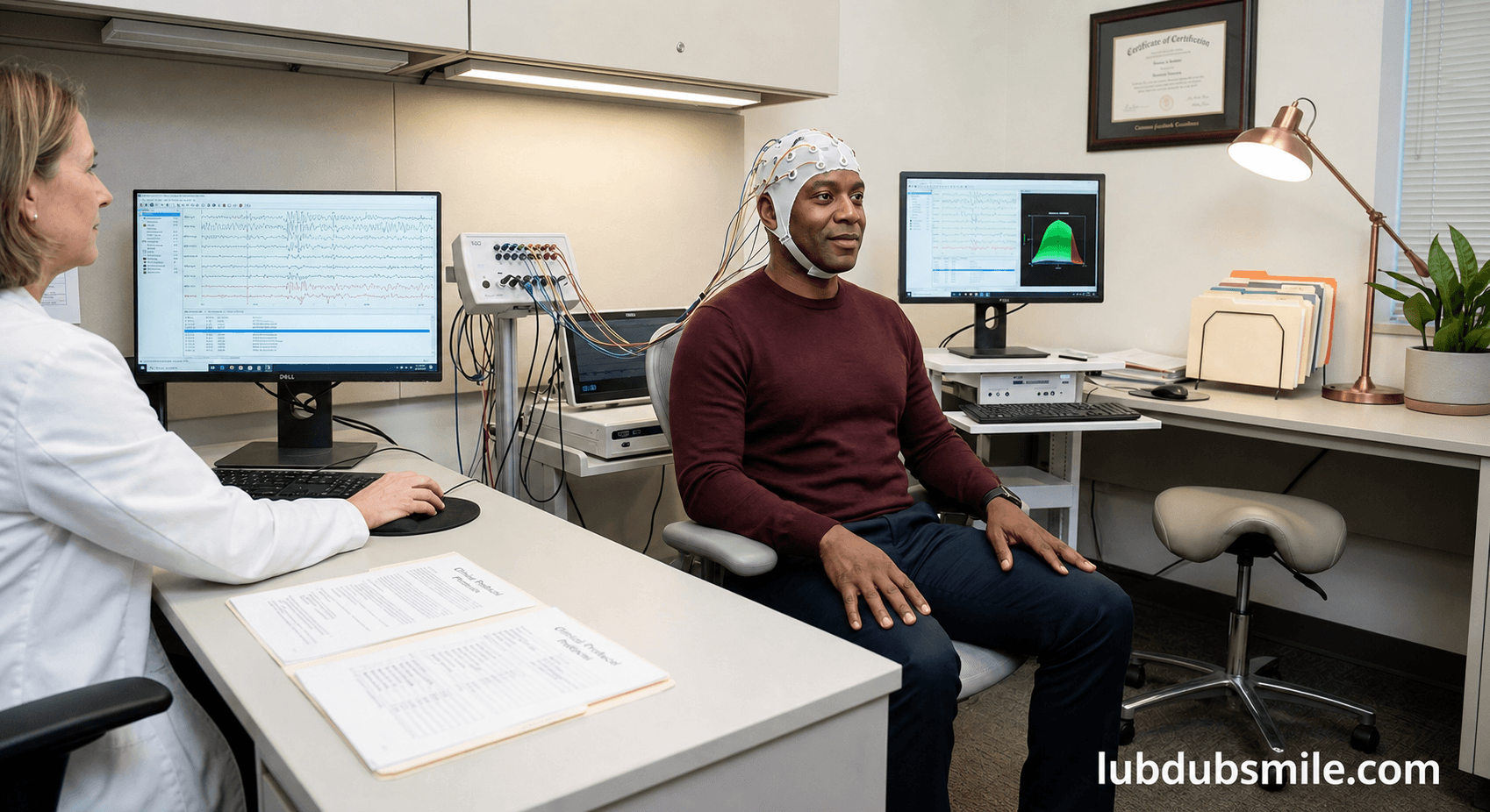 Black man in clinical EEG cap receiving practitioner-guided neurofeedback session distinguishing evidence-based approach from binaural beats cognitive function tools
