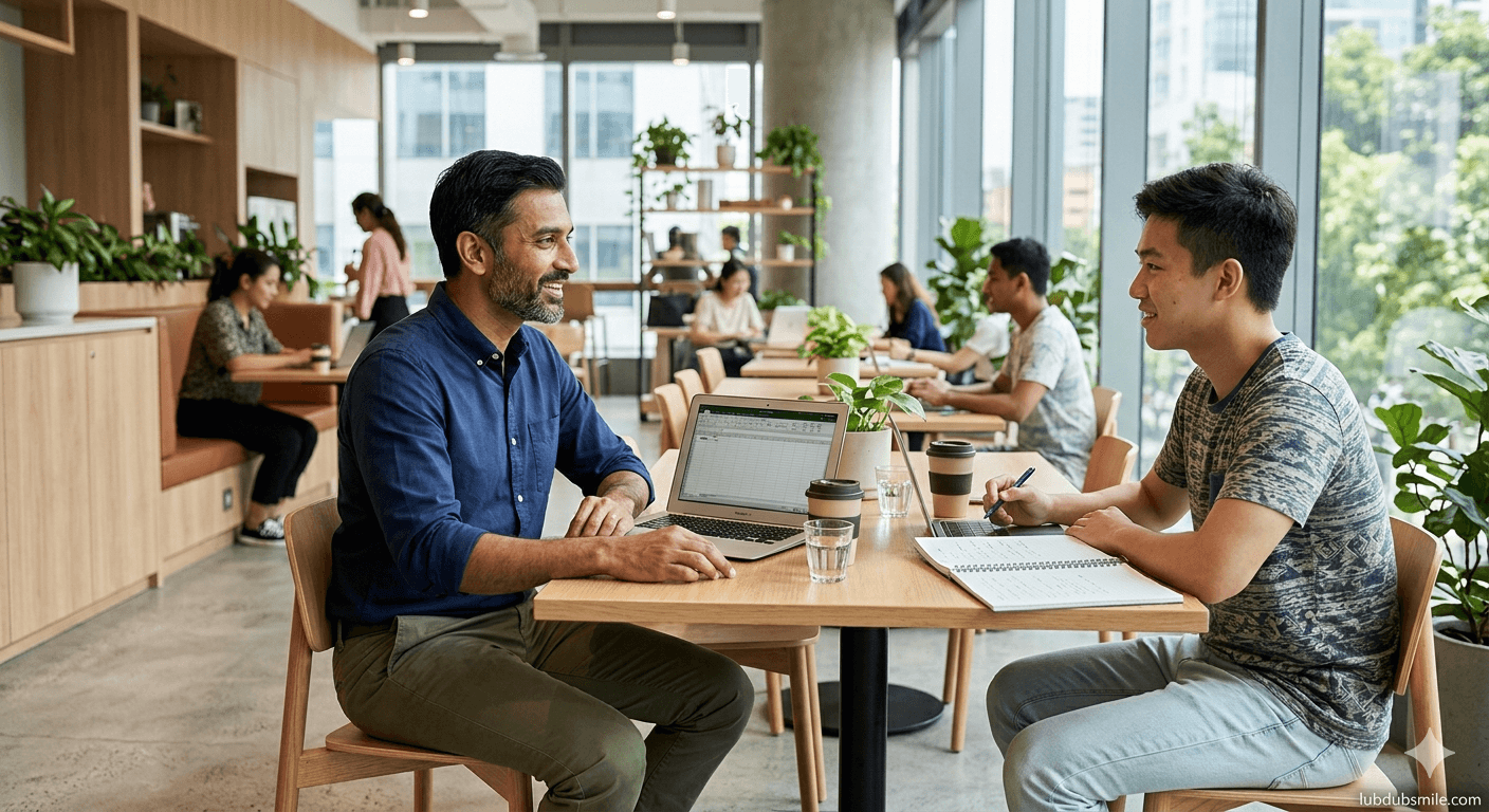 South Asian man in co-working space engaged in genuine mentoring conversation showing authentic threads within career identity misalignment experience
