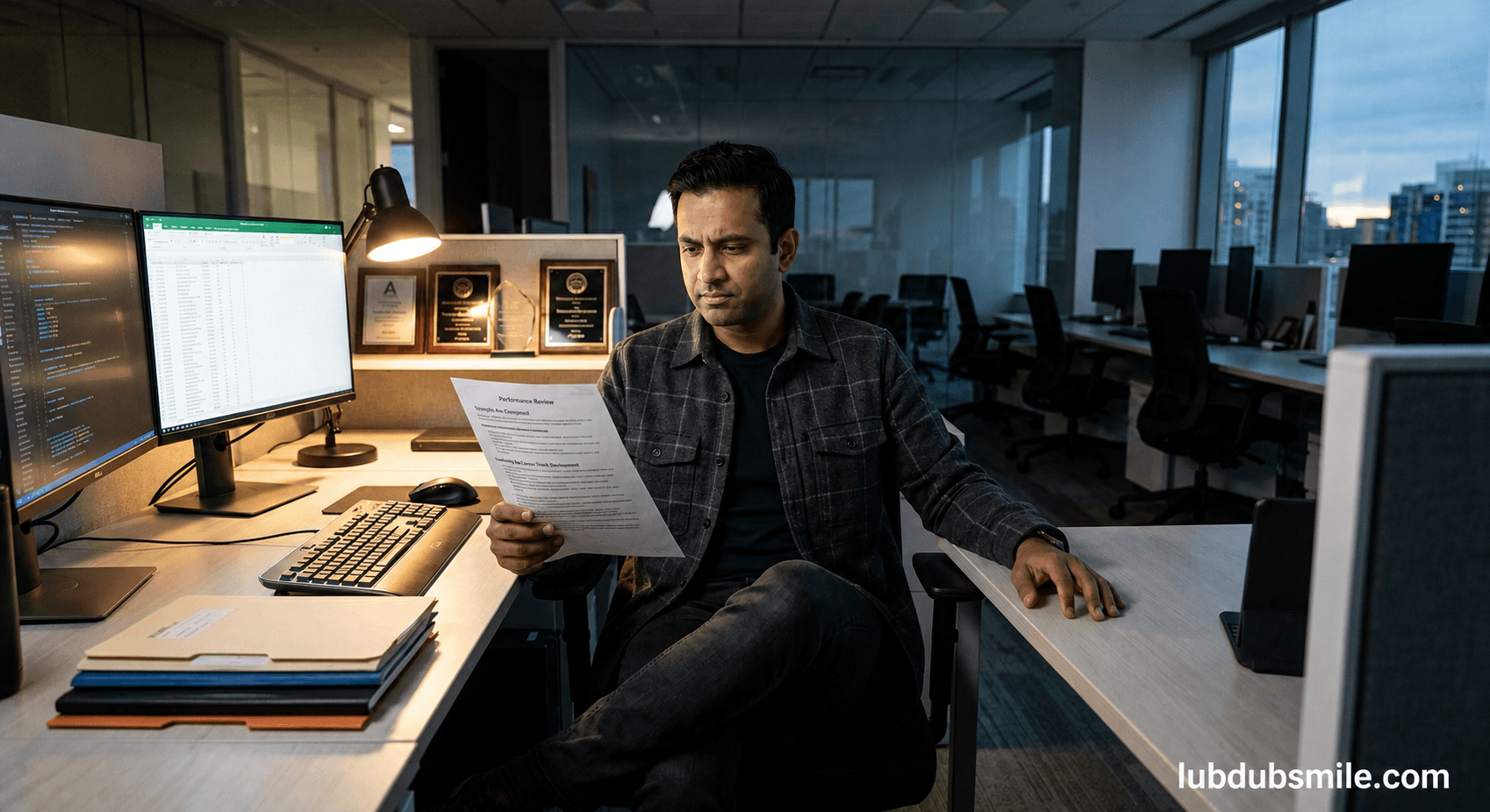 South Asian man reviewing performance review alone after hours showing pattern recognition moment in emotional intelligence earning potential journey