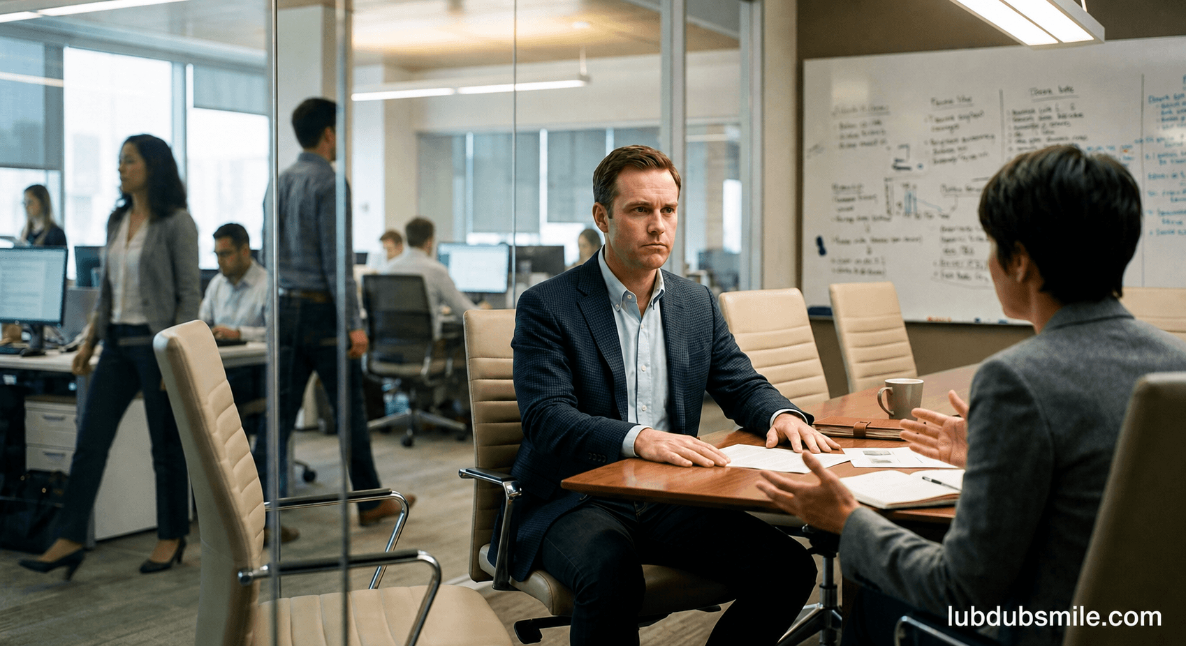 White man in glass-walled meeting room choosing response over reaction showing self-regulation as emotional intelligence earning potential differentiator