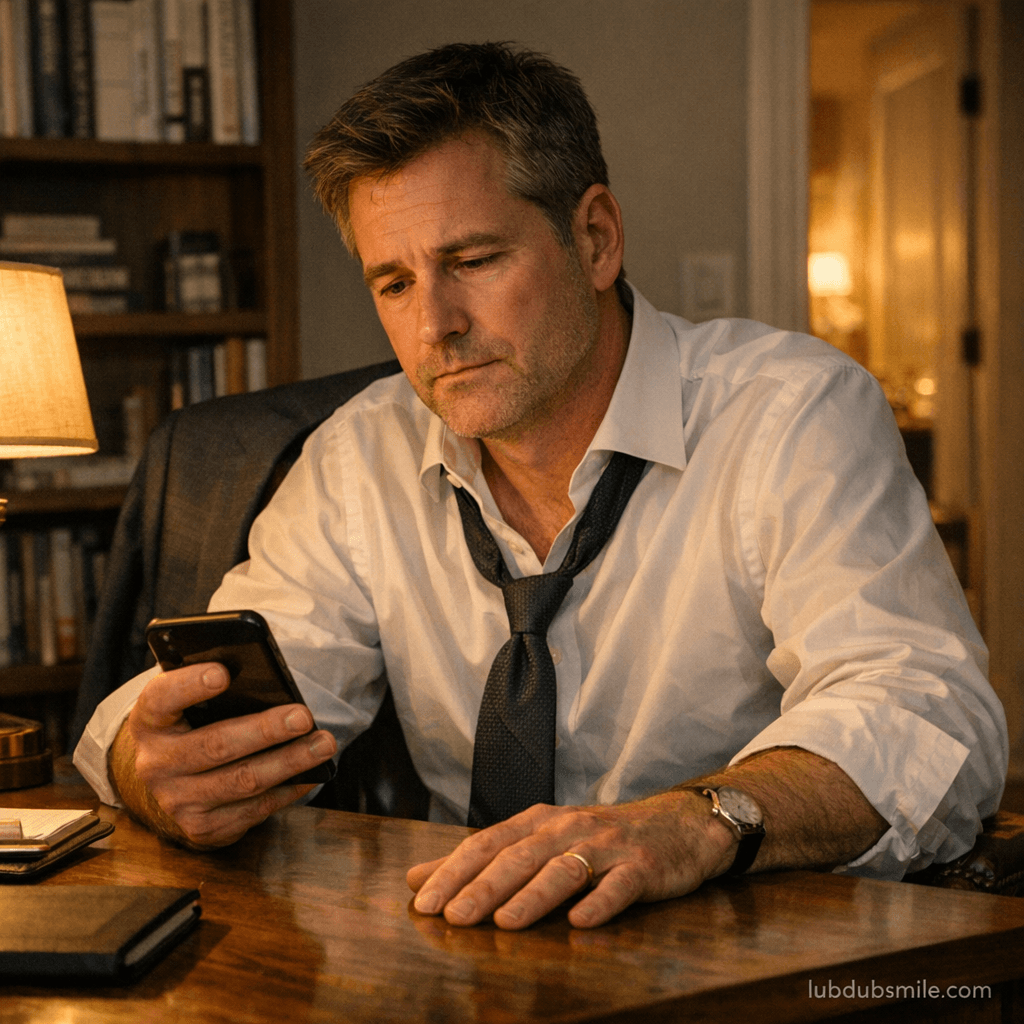 Man in home office reading functional logistics texts from wife with dawning recognition showing emotional intimacy marriage loneliness beneath irritability