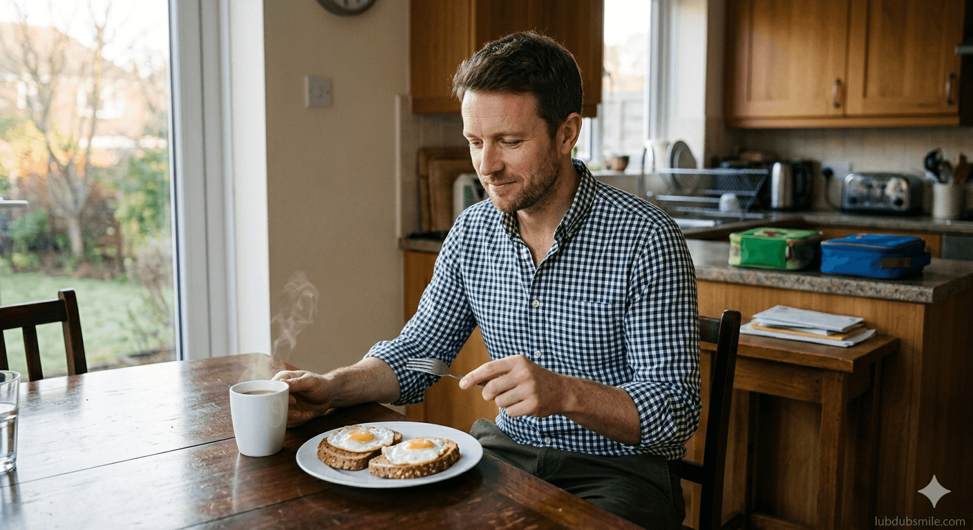 Man eating eggs and toast at kitchen table in early morning quiet showing breakfast as eating as self-care built from self-respect not discipline