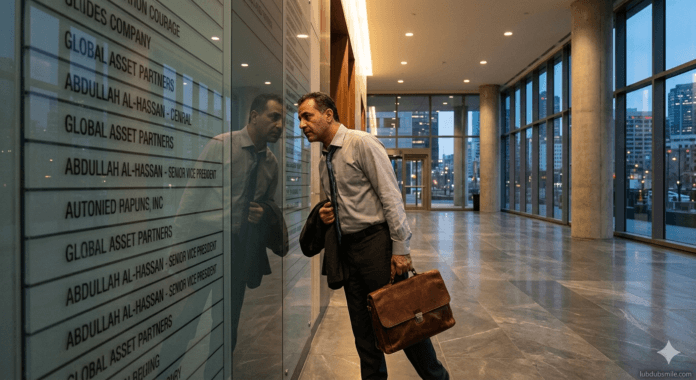 man-lobby-glass-directory-reflection-career-identity.jpg Middle Eastern man pausing at office lobby directory seeing reflection beside executive titles showing career identity misalignment recognition