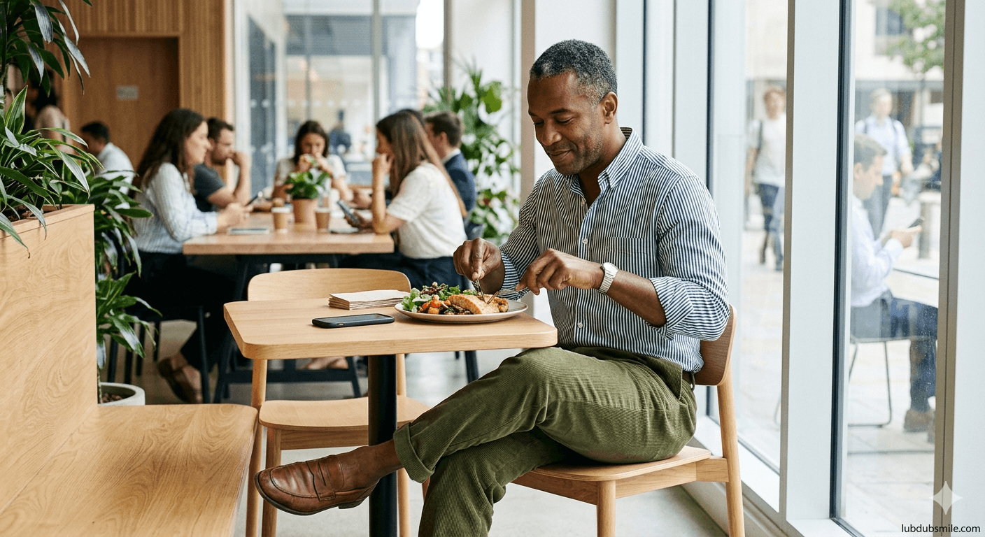 Black man eating real meal at office cafe with phone face-down showing deliberate eating as self-care commitment to his own continuity