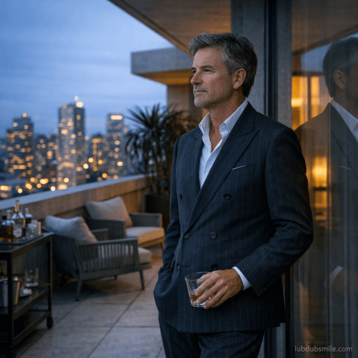 Man on penthouse terrace at dusk holding whiskey glass undrunk looking at city showing quiet wealth and identity examination at point of arrival