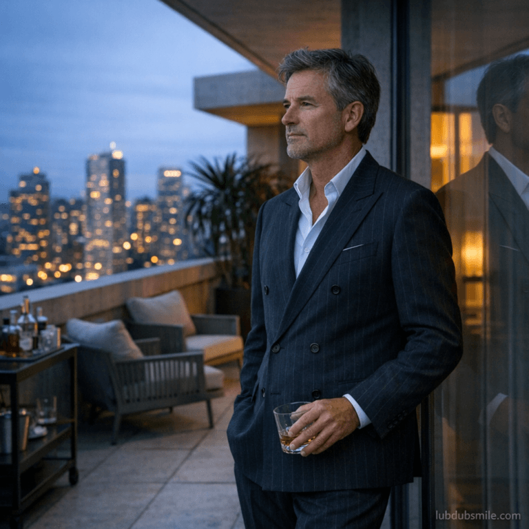Man on penthouse terrace at dusk holding whiskey glass undrunk looking at city showing quiet wealth and identity examination at point of arrival