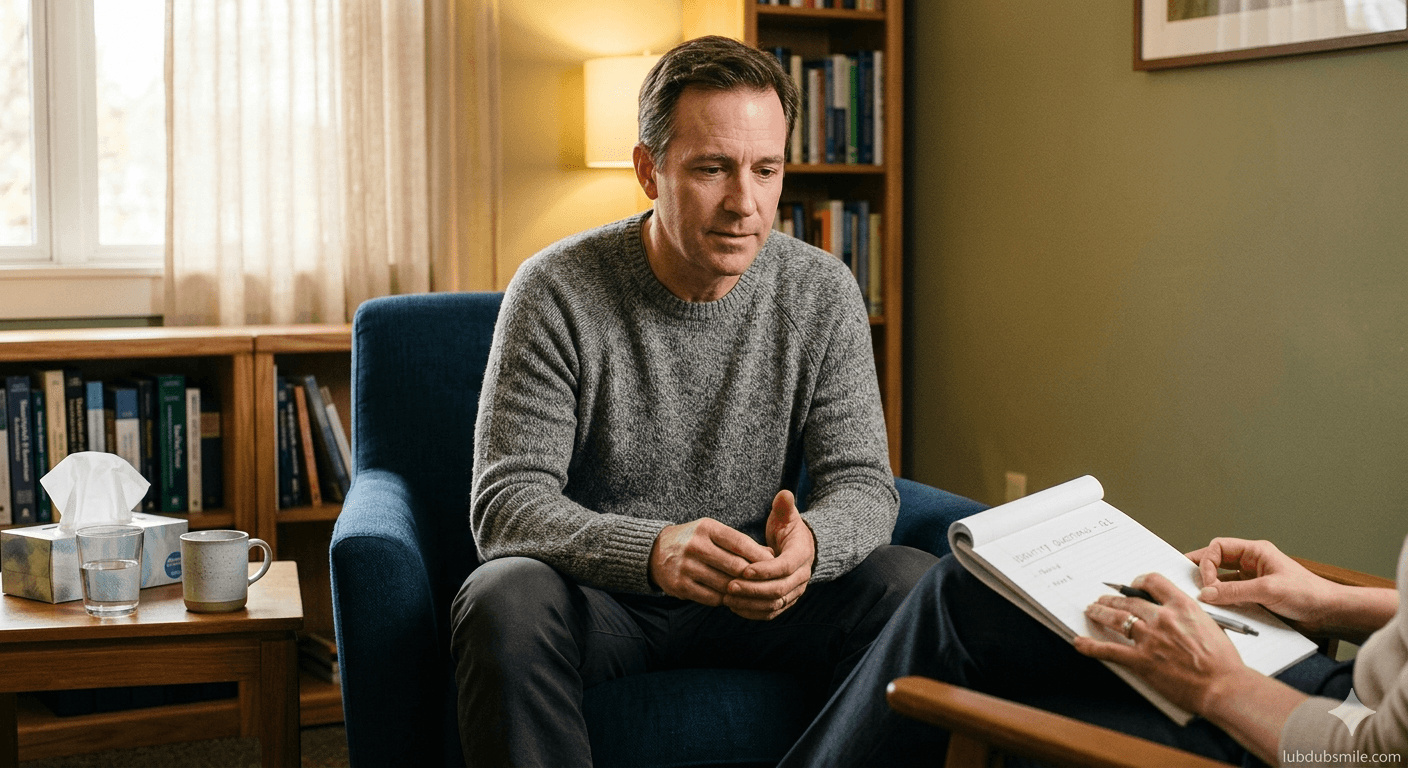 Man in therapy session with hands clasped and inward gaze showing supported identity examination for career identity misalignment work