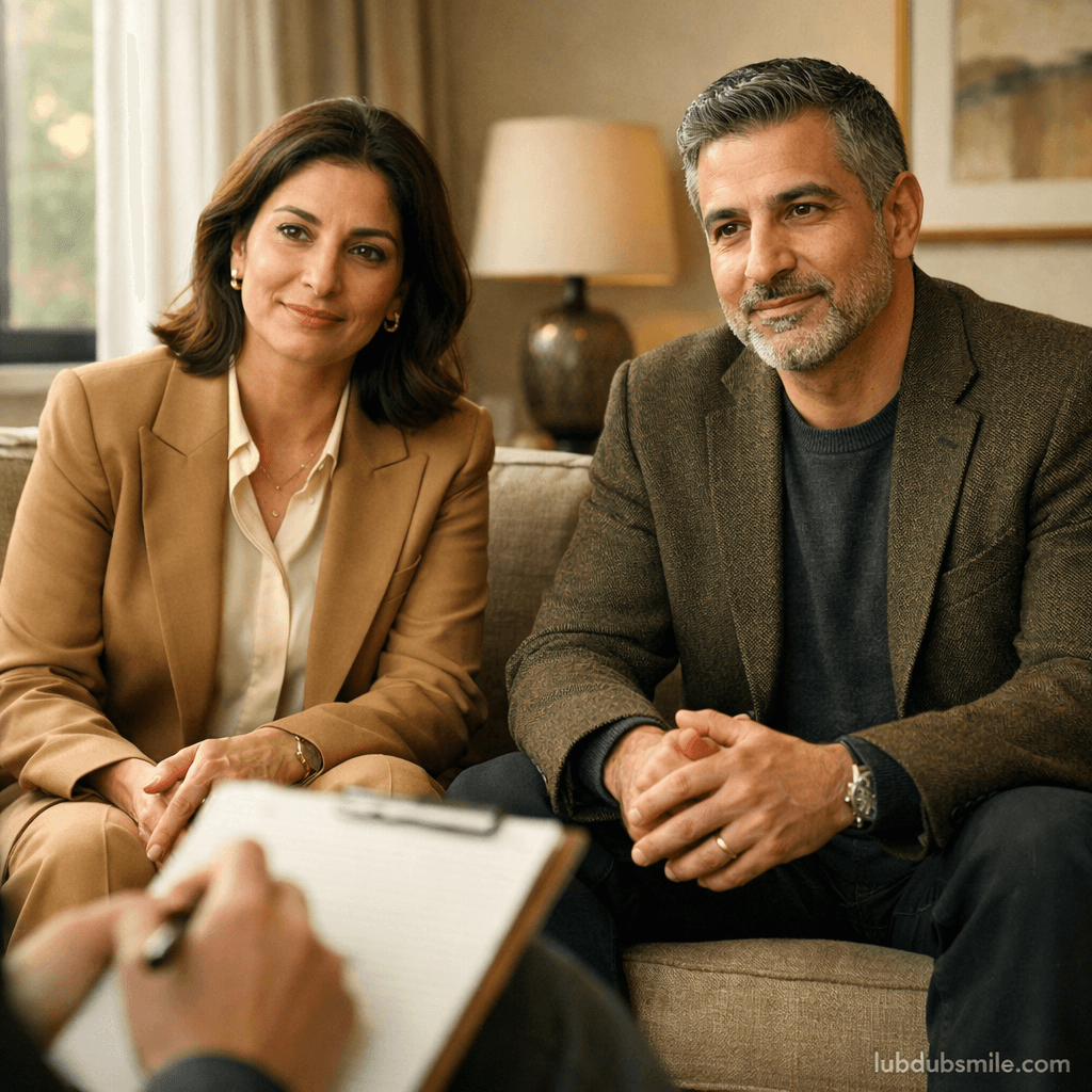 Middle Eastern couple sitting side by side in therapist's office showing professional support for emotional intimacy marriage restoration work