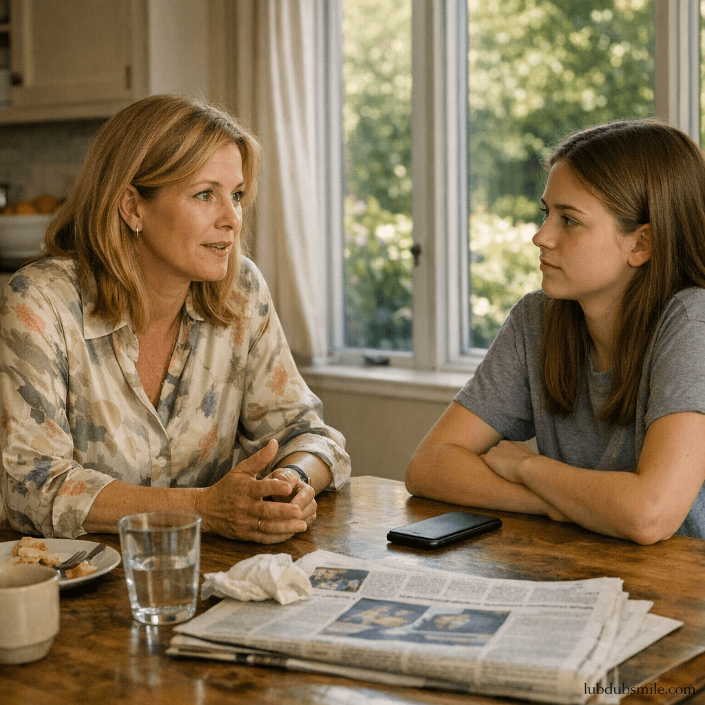 White mother in conversation with teenage daughter at kitchen table searching for honest words about wealth and identity transmission