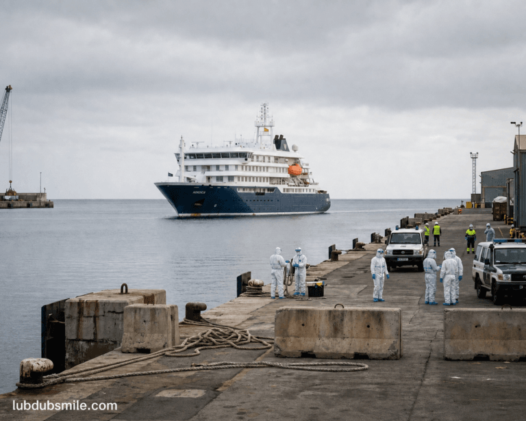MV Hondius expedition ship docked with hazmat personnel responding during hantavirus outbreak under overcast Atlantic sky
