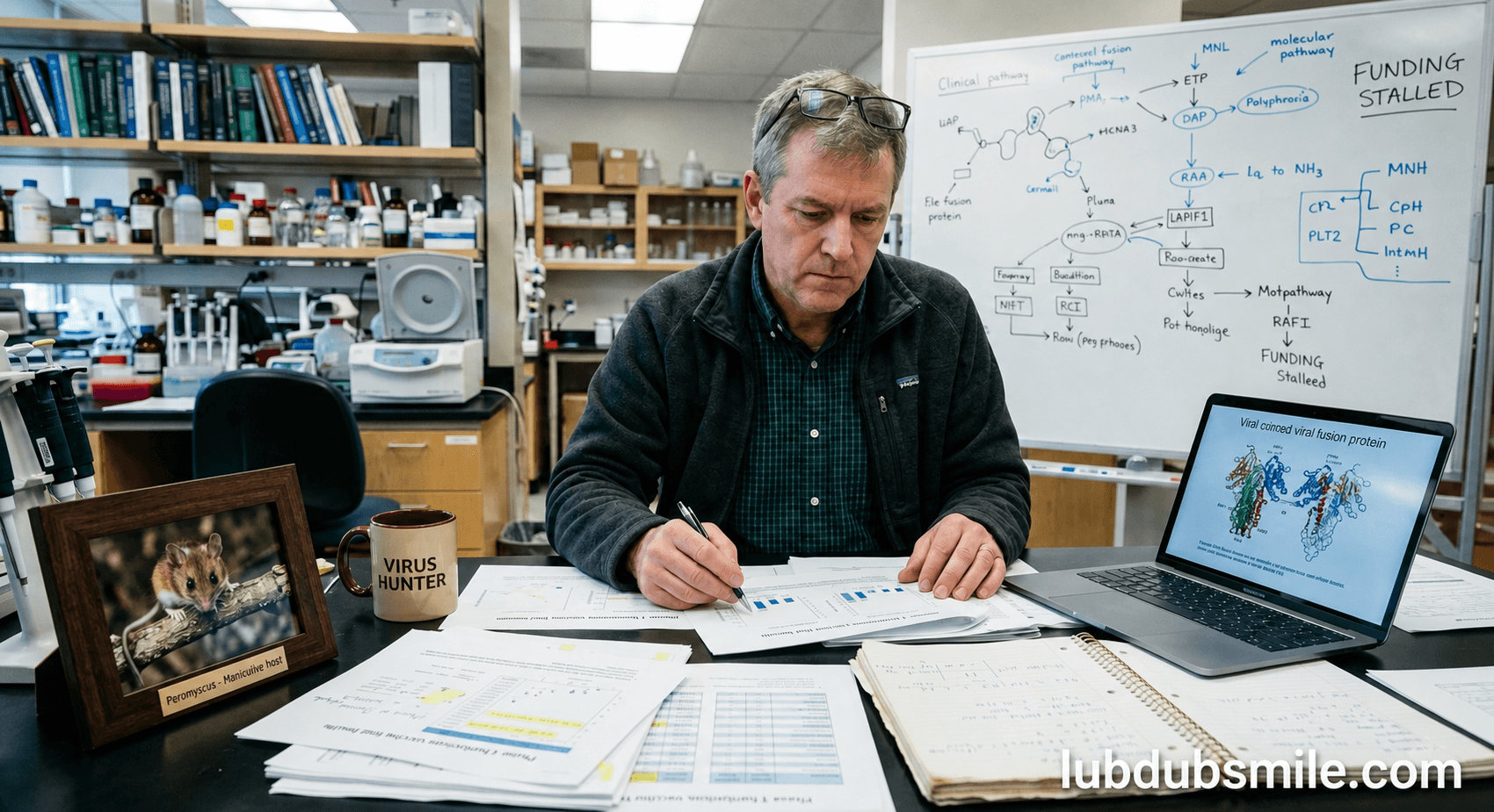 University researcher reviewing clinical trial data on hantavirus treatment options during ongoing outbreak