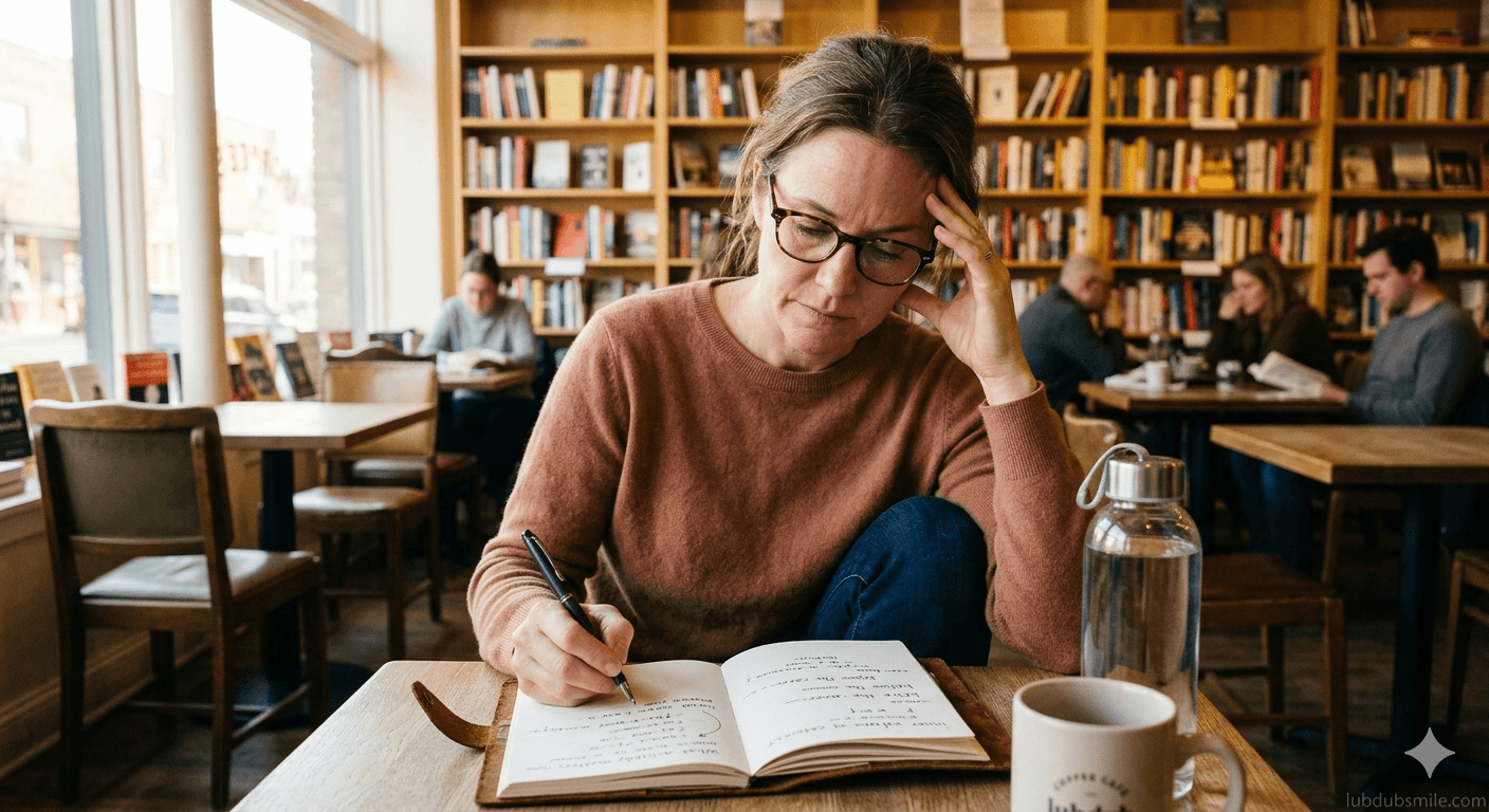 White woman writing exploratory journal in independent bookstore cafe showing values examination work addressing career identity misalignment