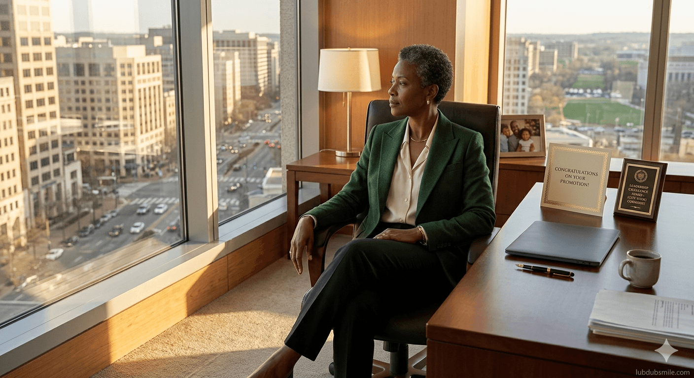 Black woman in executive office turning from award plaque toward window showing post-achievement emptiness central to career identity misalignment