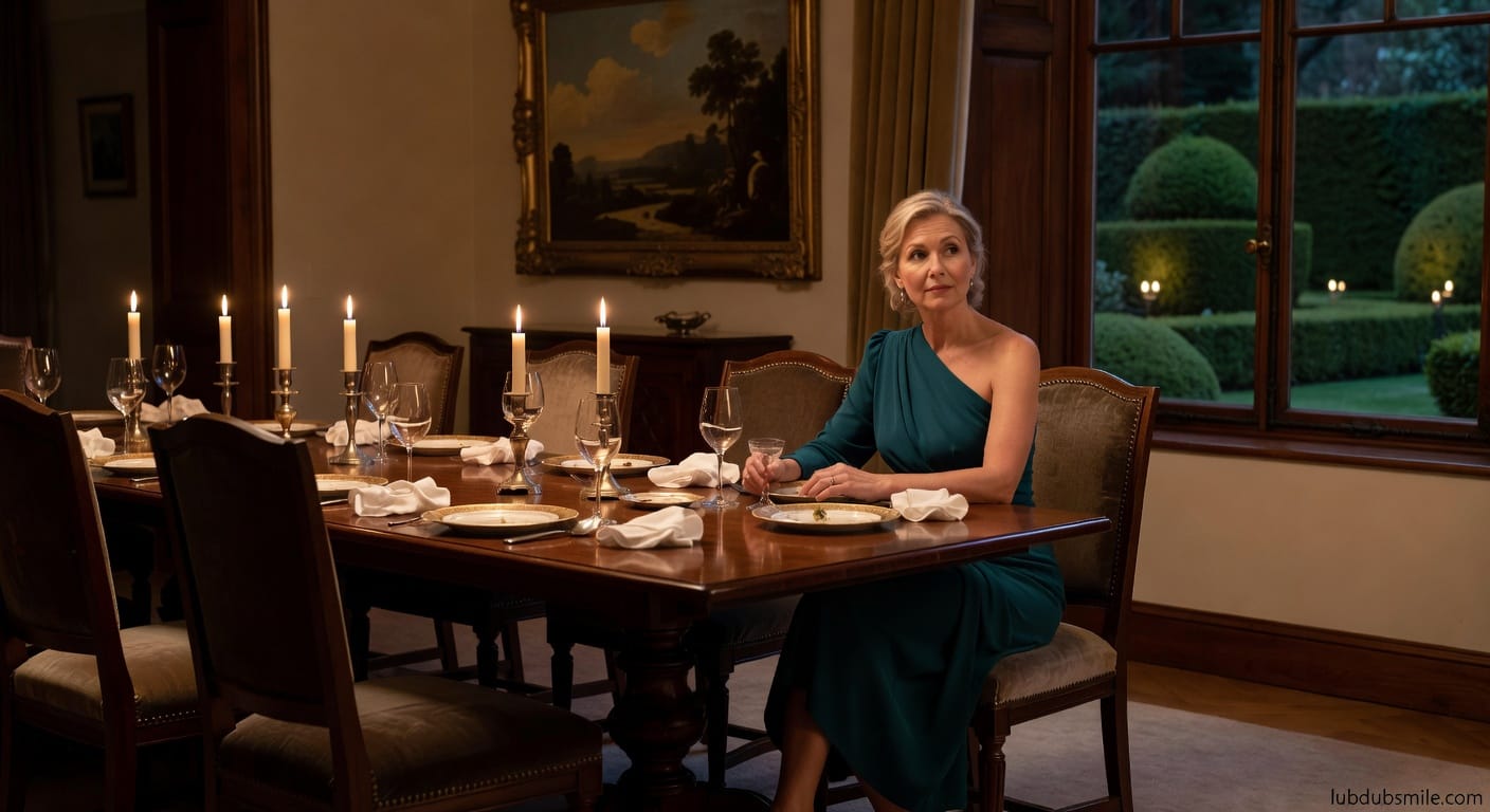 White woman sitting alone at formal dining table after guests leave showing quiet wealth and identity uncertainty after social performance