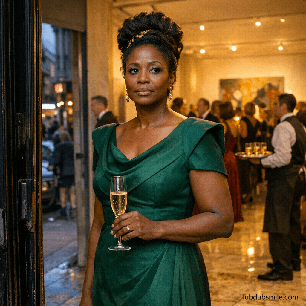 Black woman in elegant dress standing at gala entrance threshold showing first-generation wealth and identity between-worlds experience